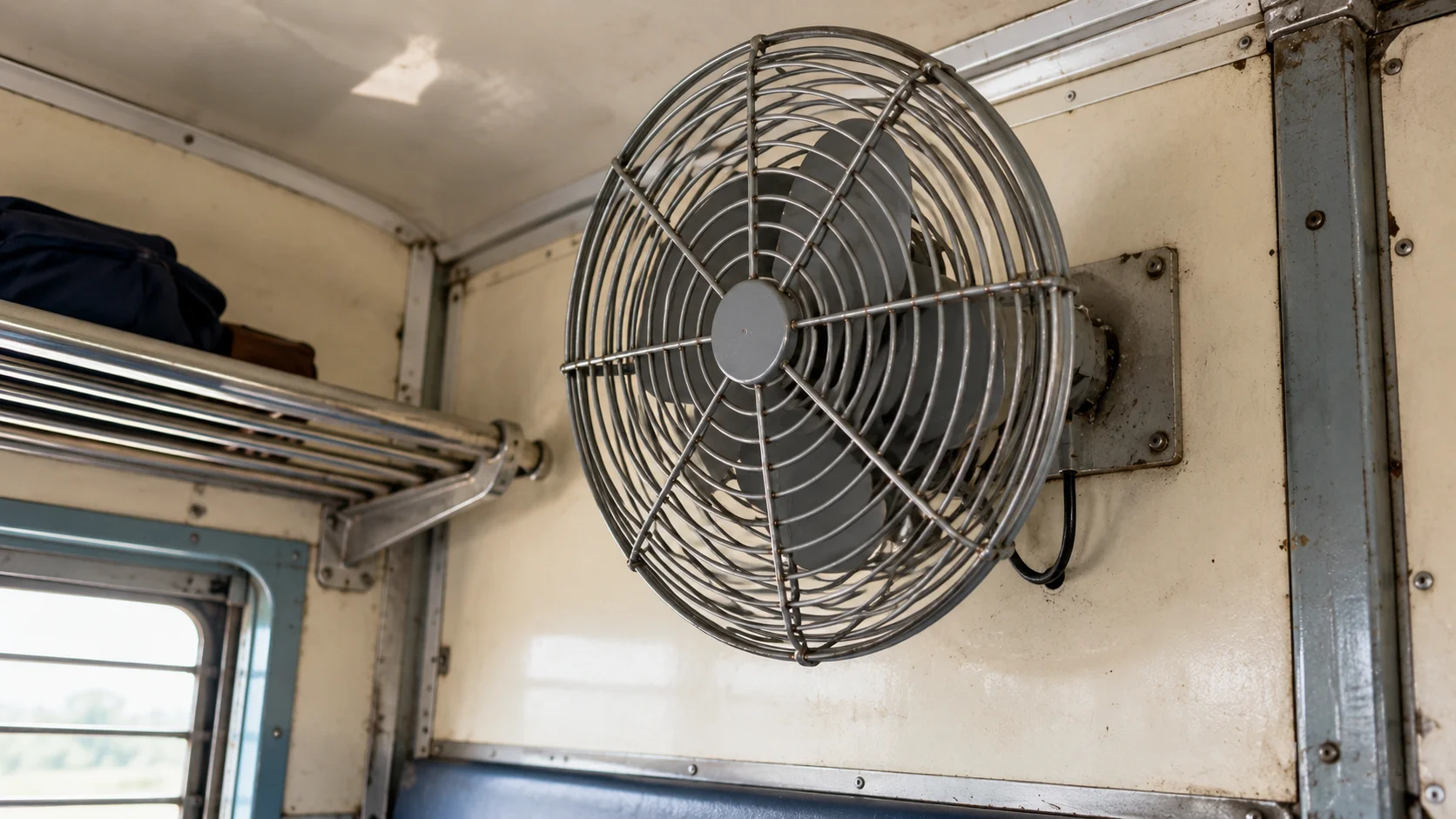 Powder-coated mild steel fan guard mounted in railway coach