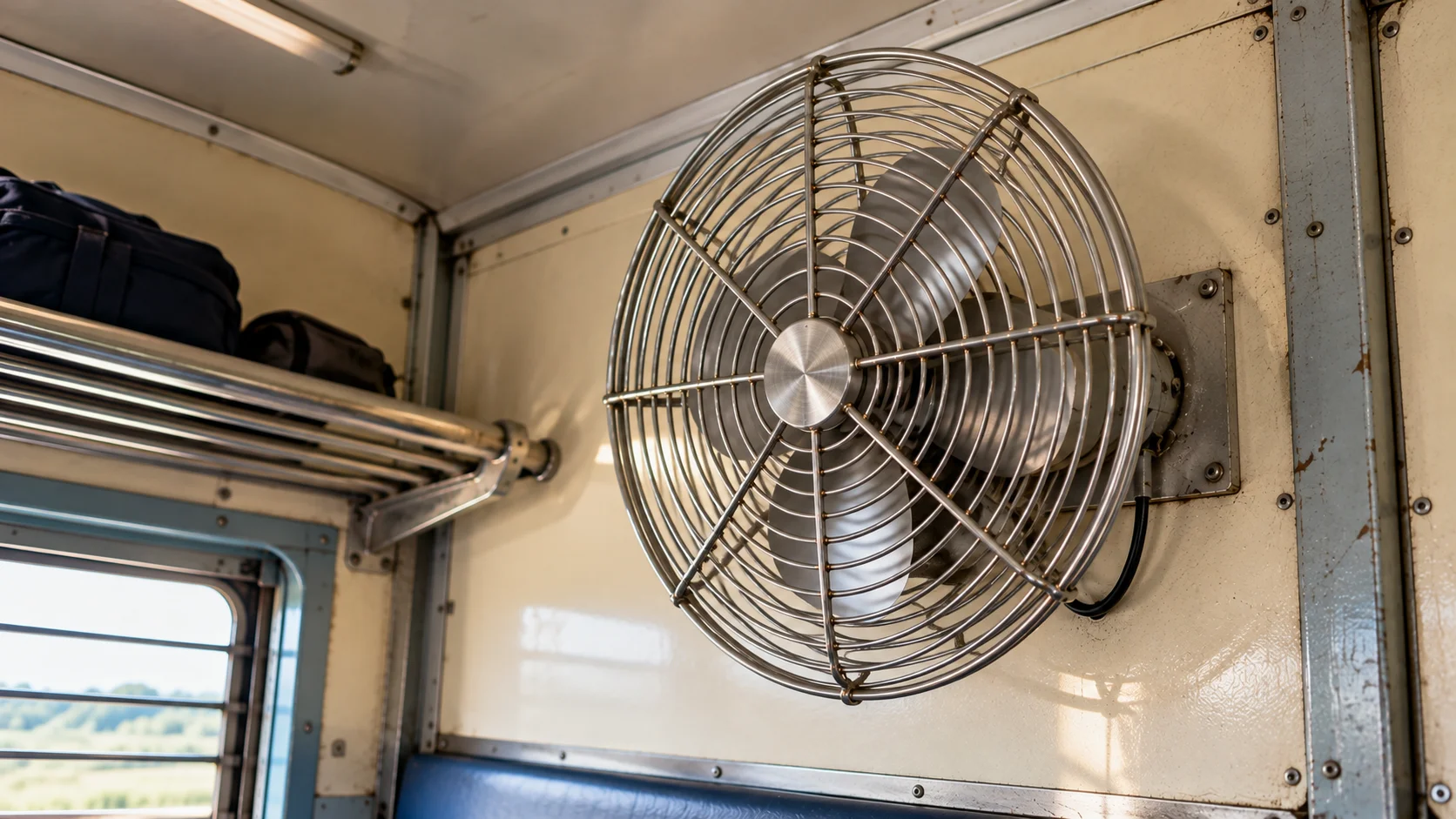 Polished stainless steel fan guard fitted in railway coach compartment