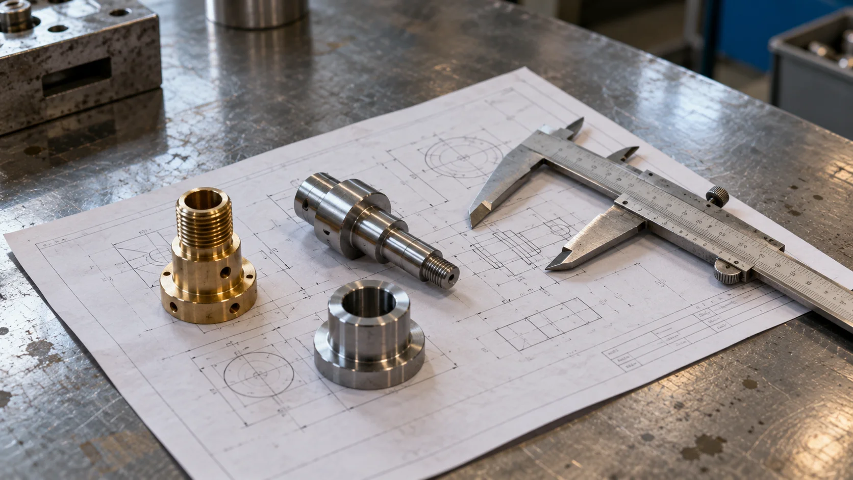 Engineering drawings and machined components on work table