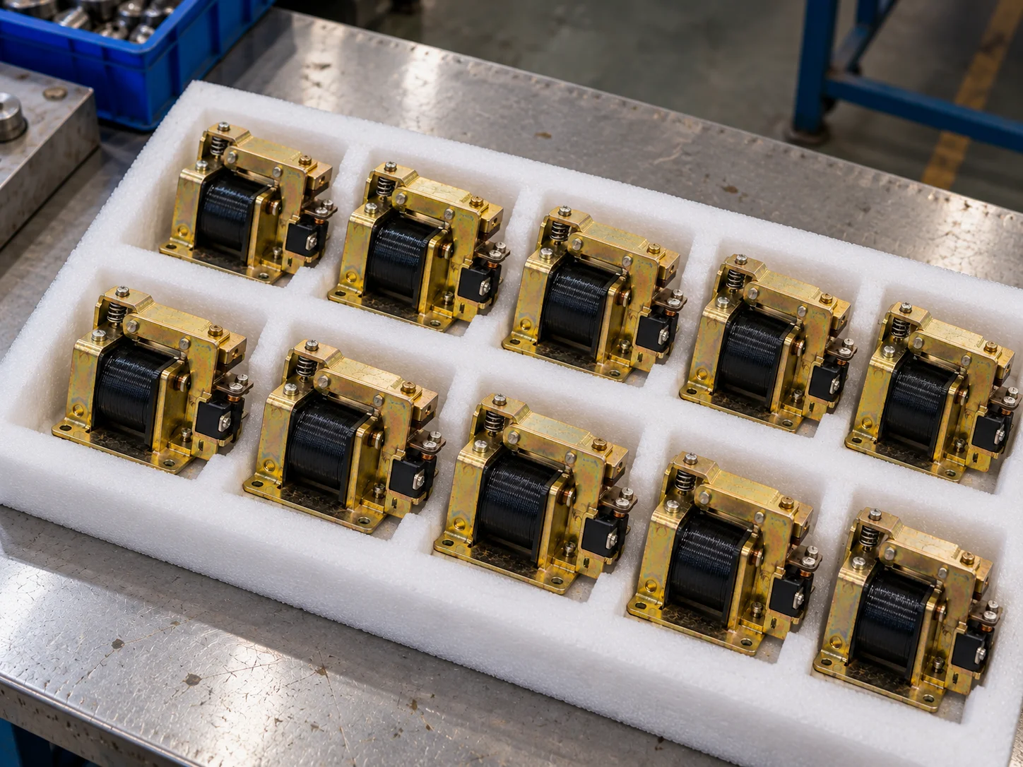 Batch of railway signal relay assemblies arranged in protective foam tray